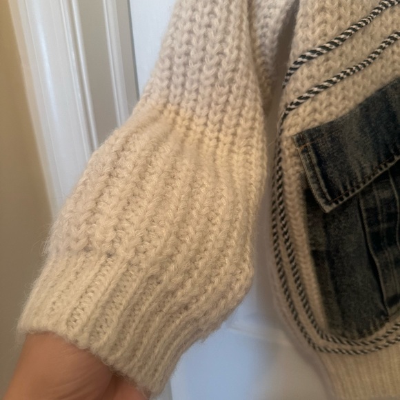 Cozy Cream Cardigan with Denim Accents - Picture 5 of 8